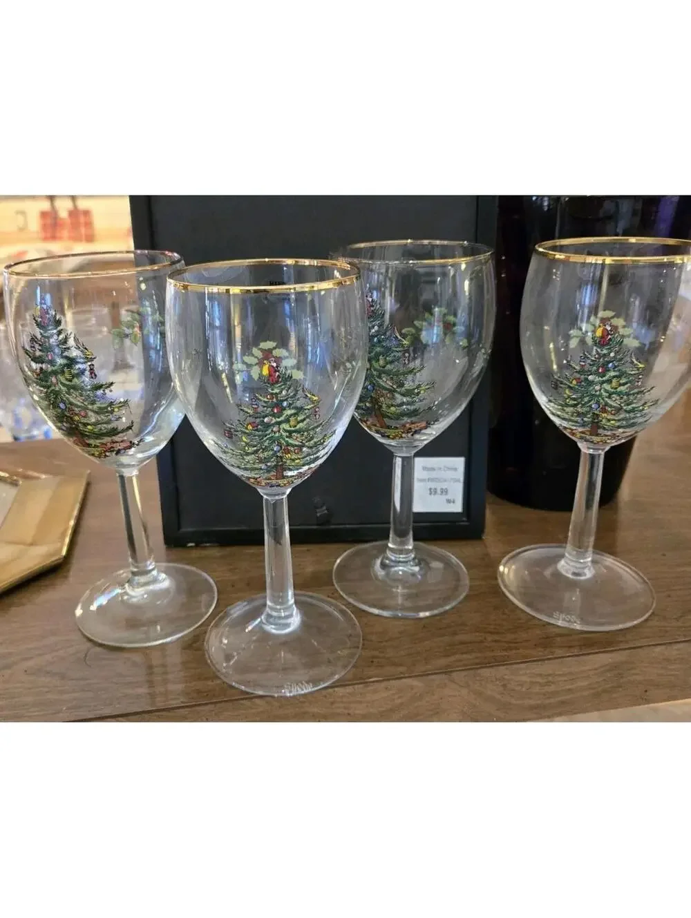 Spode Christmas Tree Set of 4 Wine Glasses 13 oz.  Gold Rim, Excellent